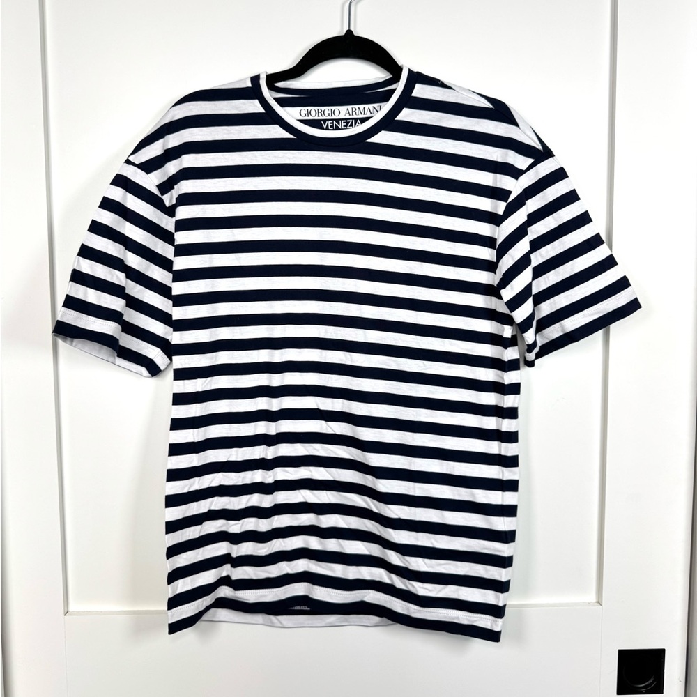 Giorgio Armani Men’s Navy Striped Cotton T Shirt Riga Blu Size XS NWT